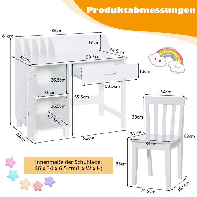 Kids Desk and Chair Set, Wood, White, Storage Options