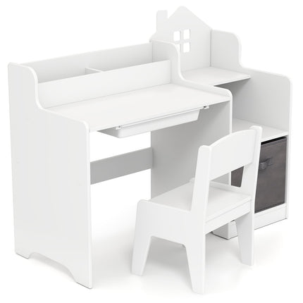 Kids Desk and Chair Set with Shelves and Drawer, White