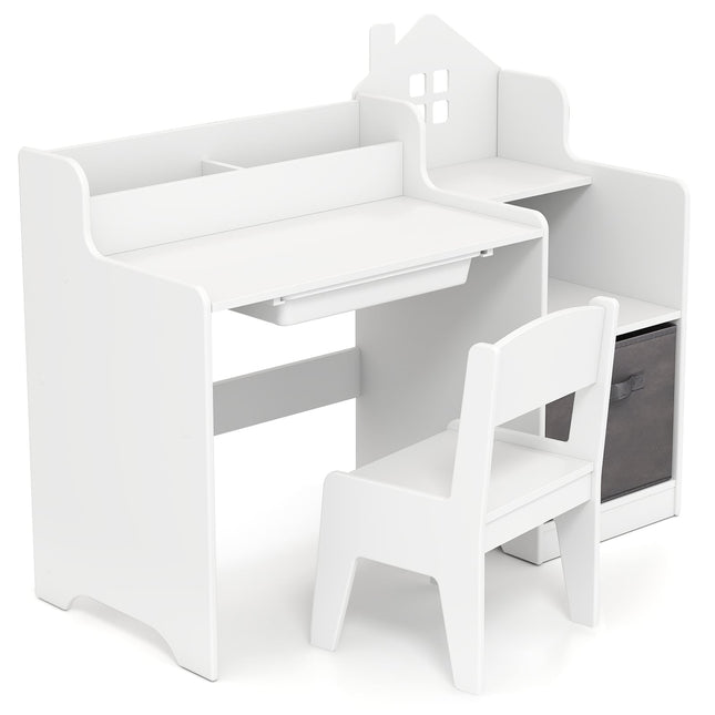 Kids Desk and Chair Set with Shelves and Drawer, White