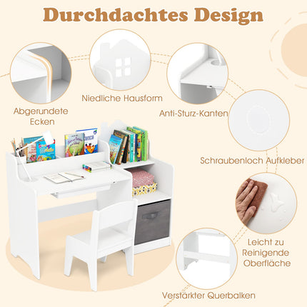 Kids Desk and Chair Set with Shelves and Drawer, White