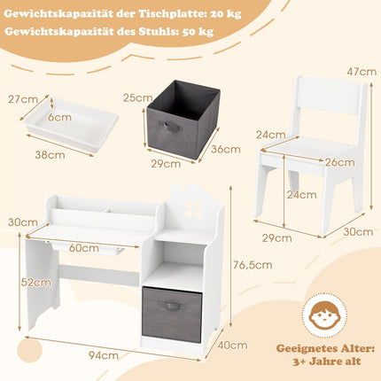 Kids Desk and Chair Set with Shelves and Drawer, White