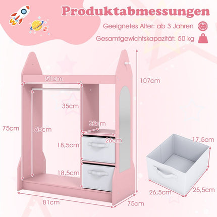 Kids Dress-Up Wardrobe with Mirror – Pink, 107cm