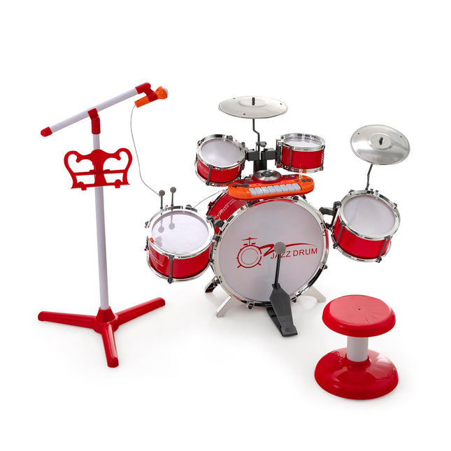 Kids Drum And 8-Key Keyboard Set With Stool, Mic Stand