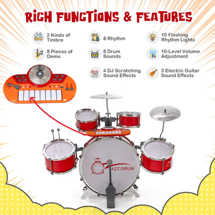 Kids Drum And 8-Key Keyboard Set With Stool, Mic Stand