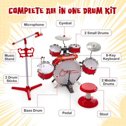 Kids Drum And 8-Key Keyboard Set With Stool, Mic Stand