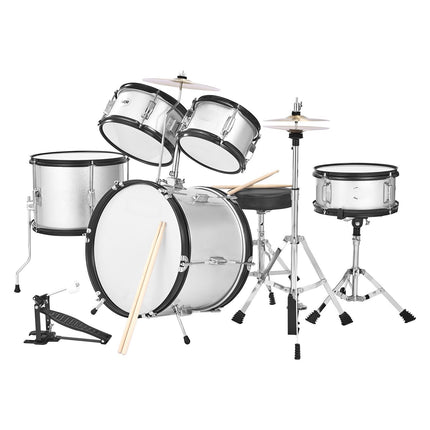 Kids Drum Set, 5-Piece 16-Inch, Adjustable Throne, Silver