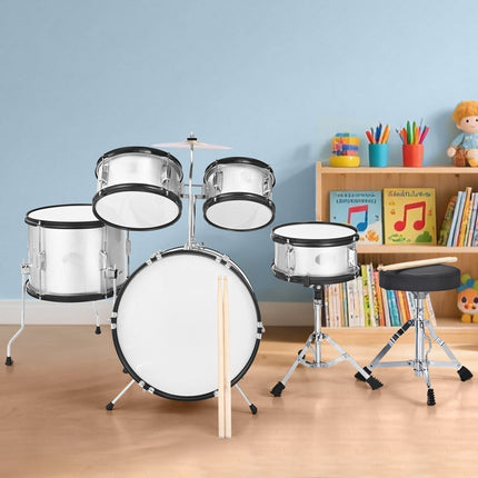 Kids Drum Set, 5-Piece 16-Inch, Adjustable Throne, Silver