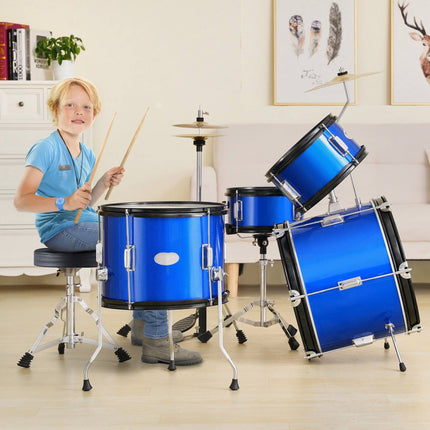 Kids Drum Set, 5-Piece, 16-Inch Bass, Cymbals, Blue