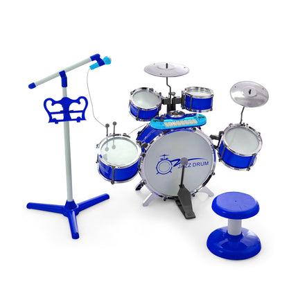 Kids Drum Set with 8-Key Keyboard, Mic Stand, Stool, Blue