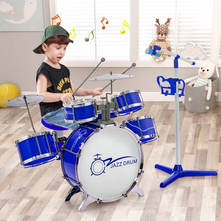 Kids Drum Set with 8-Key Keyboard, Mic Stand, Stool, Blue