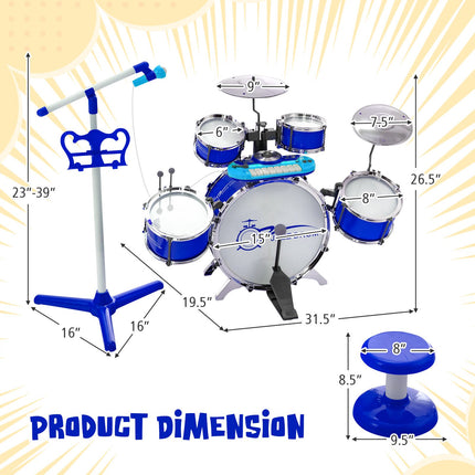 Kids Drum Set with 8-Key Keyboard, Mic Stand, Stool, Blue