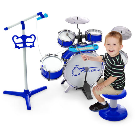 Kids Drum Set with 8-Key Keyboard, Mic Stand, Stool, Blue