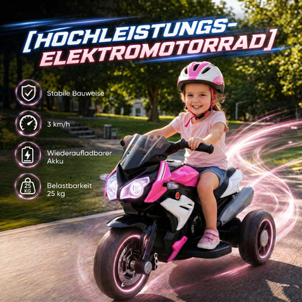 Kids' Electric Motorcycle, Lights & Sounds, 3 km/h, Pink/White