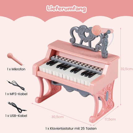 Kids Electric Piano Keyboard, 25 Keys, Mic & Stand, Pink