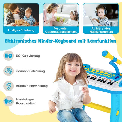 Kids Electronic Keyboard with Stool & Mic, 31 Keys, Blue