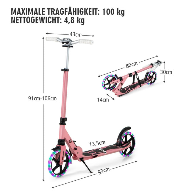 Kids Folding Scooter with Lights, Adjustable Handle, Pink