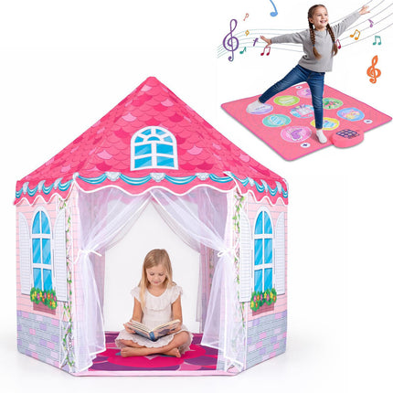 Kids Hexagonal Play Tent with Dance Mat & Tulle Curtain