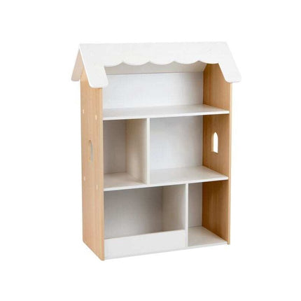 Kids House Bookshelf with 5 Open Compartments, Anti-Tip Device, White/Natural