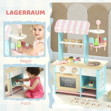 Kids Ice Cream Cart with 17 Accessories – MDF, Light Blue