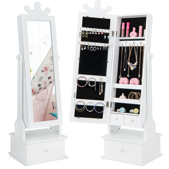 Kids Jewelry Armoire With Full-Length Mirror, Drawers, Pink/White