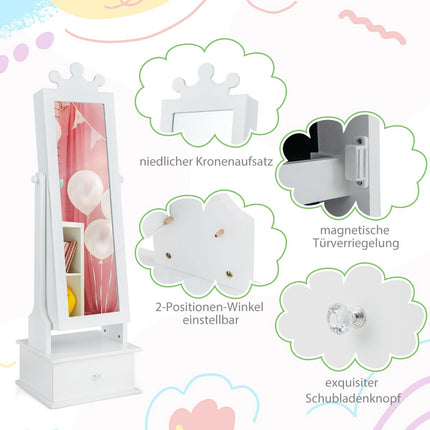 Kids Jewelry Armoire With Full-Length Mirror, Drawers, Pink/White