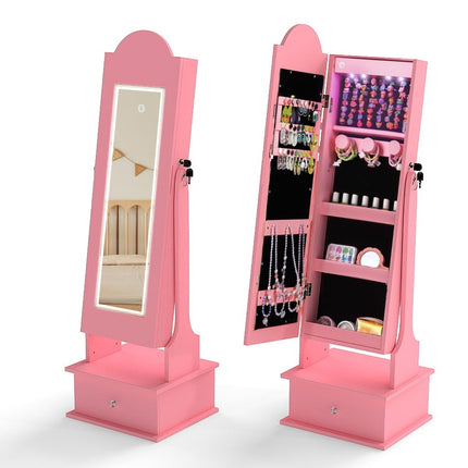 Kids Jewelry Cabinet with Mirror and LED Lights, Pink