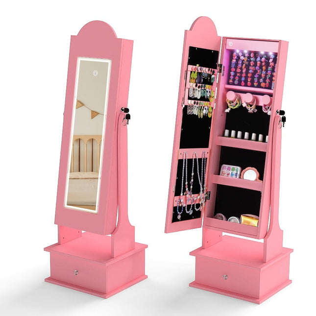 Kids Jewelry Cabinet with Mirror and LED Lights, Pink