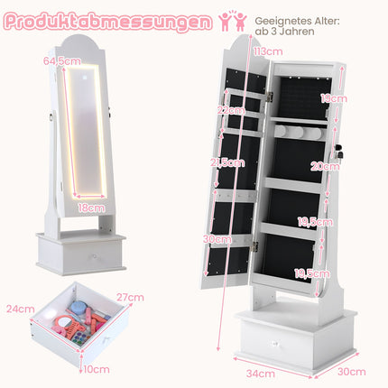 Kids Jewelry Cabinet with Mirror and LED Lights, White