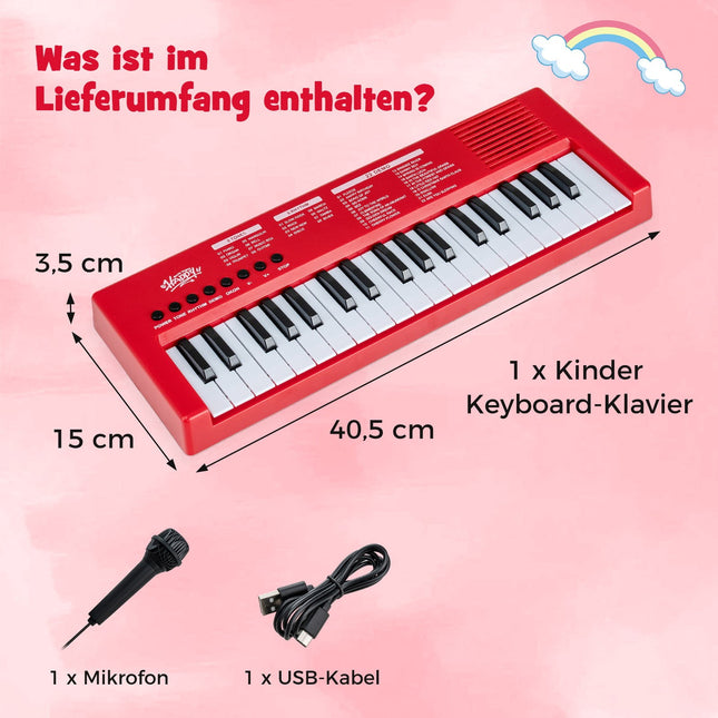 Kids Keyboard Piano, 37 Keys, 8 Rhythms, Red, with Mic