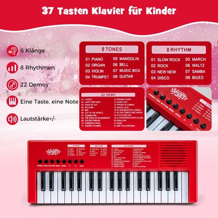 Kids Keyboard Piano, 37 Keys, 8 Rhythms, Red, with Mic