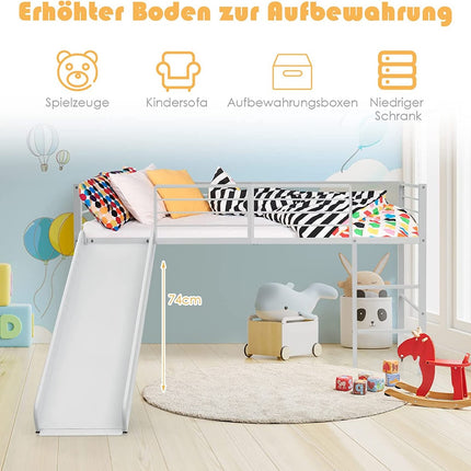 Kids Loft Bed Frame with Slide, Guard Rail, 198x96x109 cm