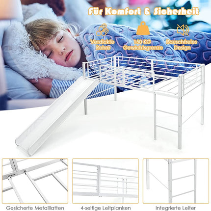 Kids Loft Bed Frame with Slide, Guard Rail, 198x96x109 cm