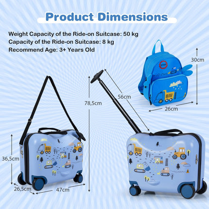 Kids Luggage Set, 18in Ride-On Suitcase, 12in Backpack, Spinner Wheels