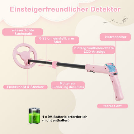 Kids Metal Detector, Adjustable 62–85 cm, LCD, Pink