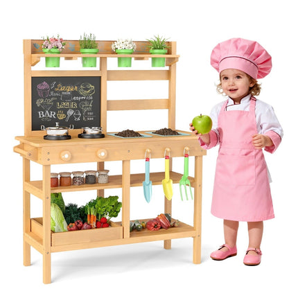 Kids Mud Kitchen with Chalkboard, Faucet, and Planters