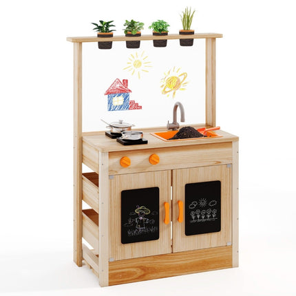 Kids Mud Kitchen with Plant Pots & Cookware & Stoves Wooden Play Kitchen Playset