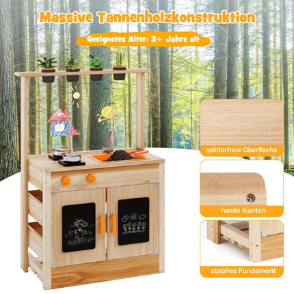 Kids Mud Kitchen with Plant Pots & Cookware & Stoves Wooden Play Kitchen Playset