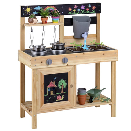 Kids Outdoor Mud Kitchen, Water Tank, 2 Sinks, Chalkboards