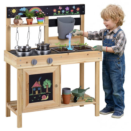 Kids Outdoor Mud Kitchen, Water Tank, 2 Sinks, Chalkboards