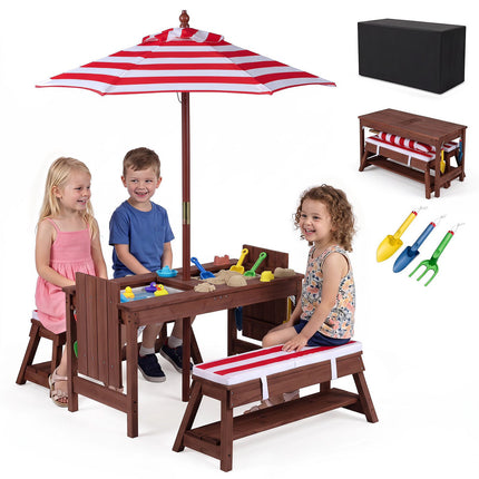 Kids Outdoor Wooden Picnic Table Set with Umbrella