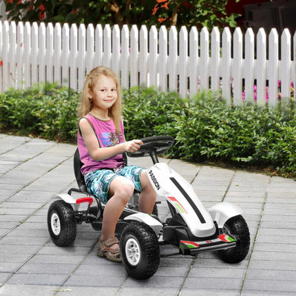Kids Pedal Go-Kart with Adjustable Seat & Handbrake, White