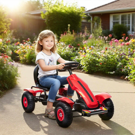 Kids Pedal Go-Kart with Handbrake, Adjustable Seat, Red