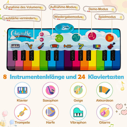 Kids Piano Mat with 8 Instruments, 24 Keys, 120x47 cm