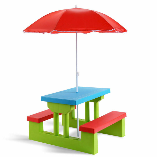 Kids Picnic Table Set With 2 Benches And Umbrella, 4-Seat