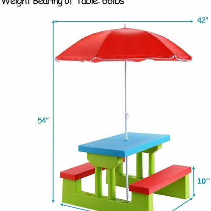 Kids Picnic Table Set With 2 Benches And Umbrella, 4-Seat