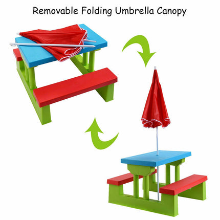 Kids Picnic Table Set With 2 Benches And Umbrella, 4-Seat