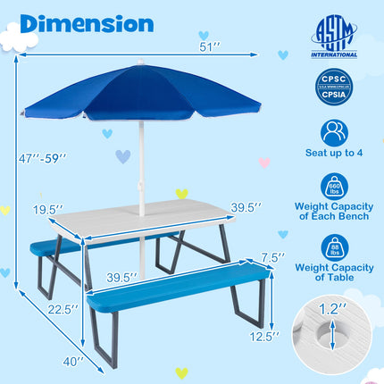 Kids Picnic Table Set with Adjustable Umbrella, Blue