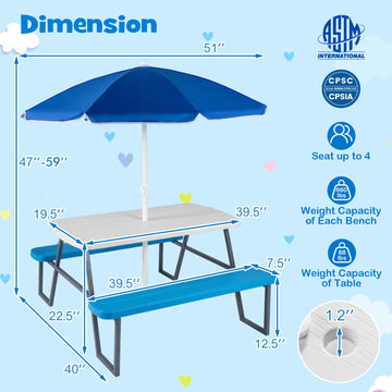 Kids Picnic Table Set with Adjustable Umbrella, Blue