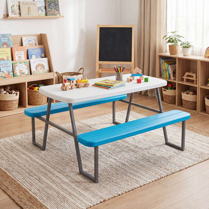 Kids Picnic Table Set with Adjustable Umbrella, Blue