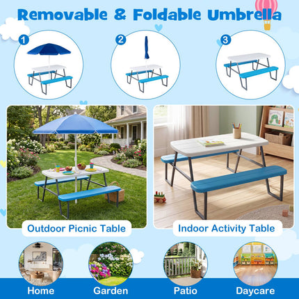 Kids Picnic Table Set with Adjustable Umbrella, Blue
